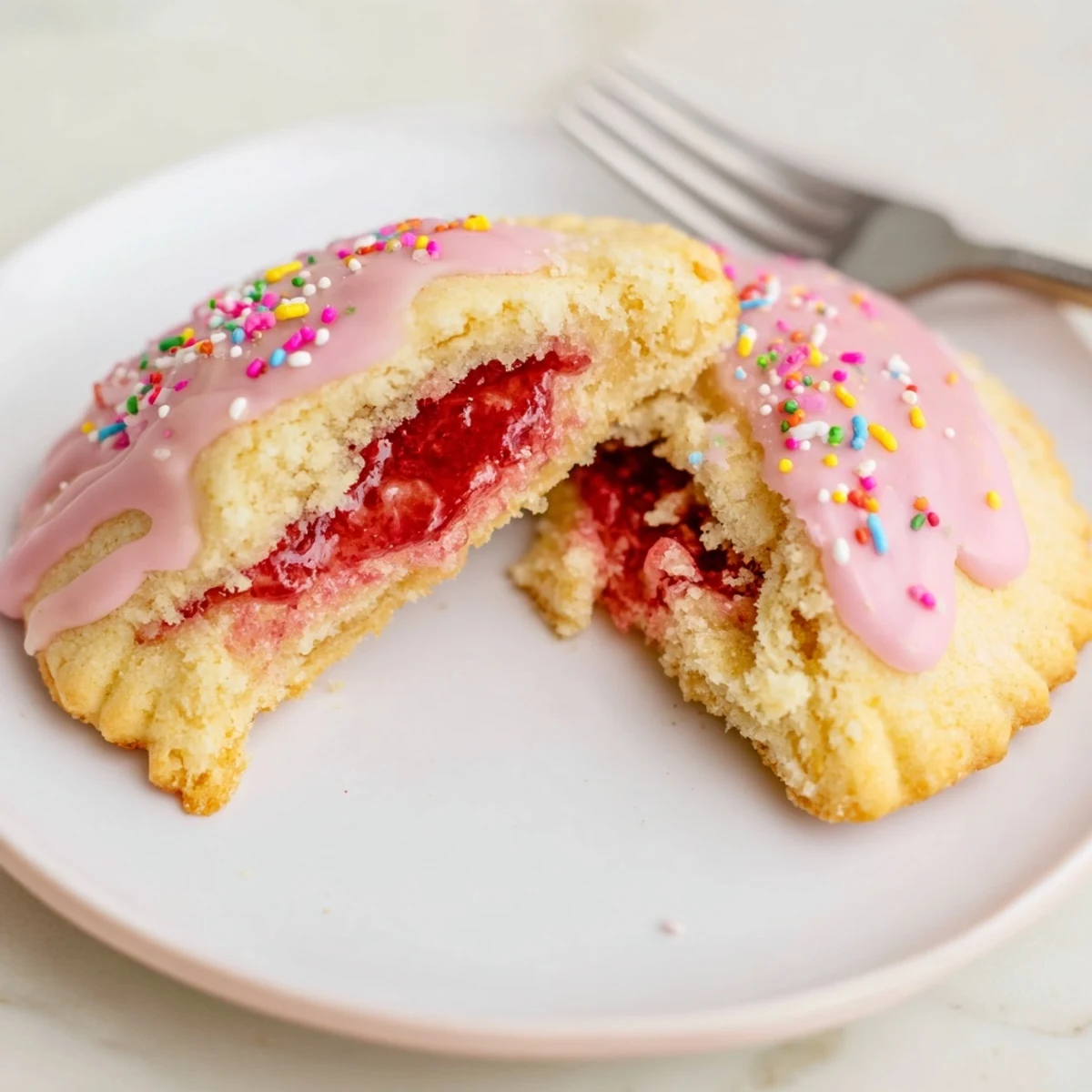 Buttery Strawberry Pop Tart Cookies with jam center, frosted and rainbow-sprinkled