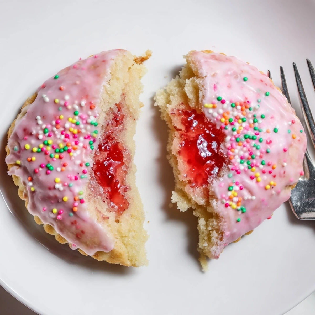 Stacked Strawberry Pop Tart Cookies showing jam oozing, colorful sprinkles for serving
