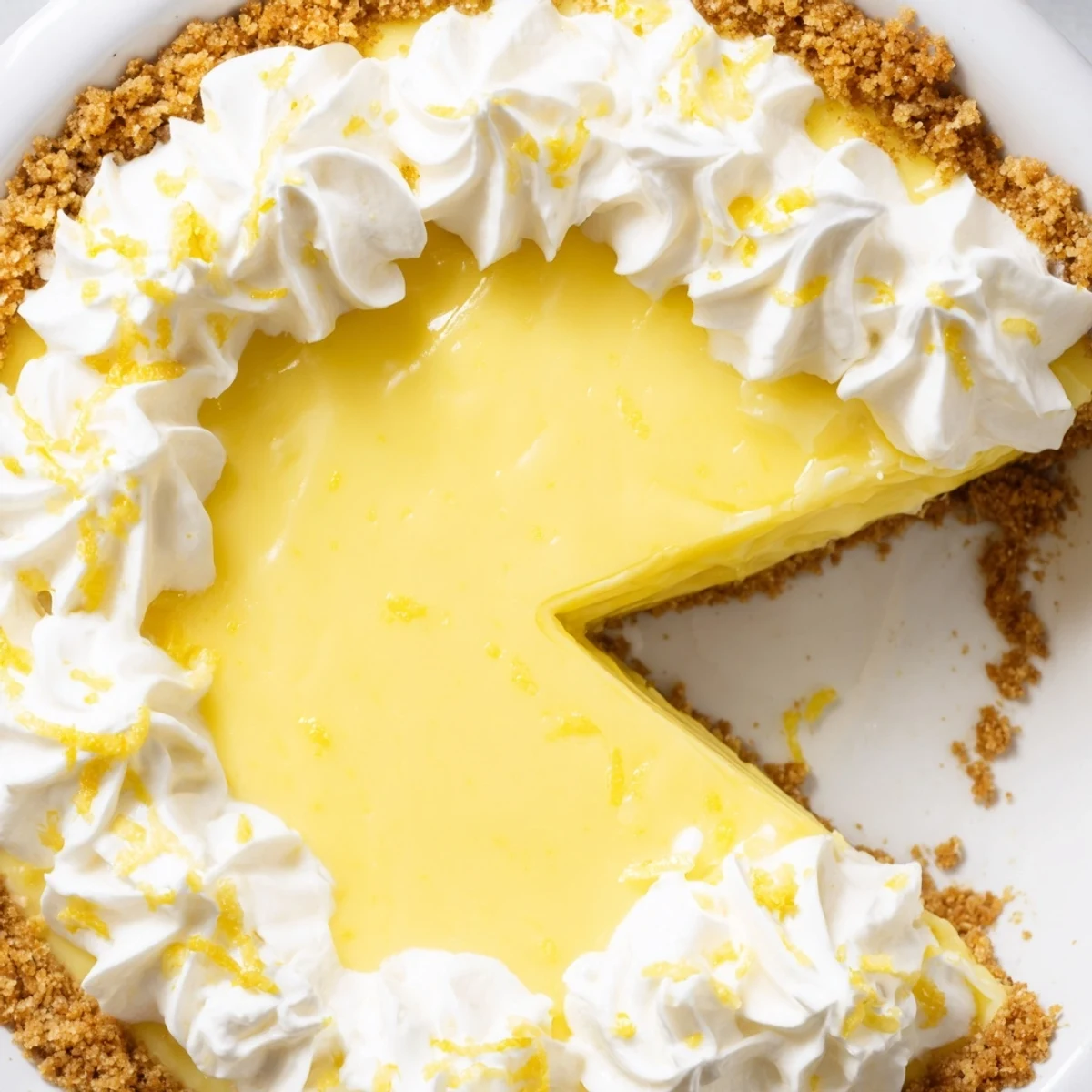 Creamy lemon pie slice topped with fluffy whipped cream and citrus zest