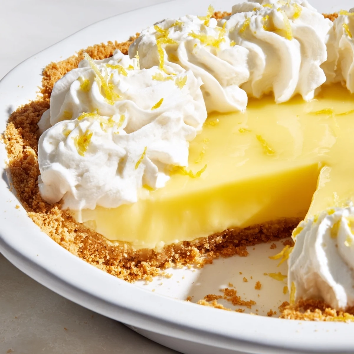 Bright lemon pie with silky custard filling in a golden graham cracker crust