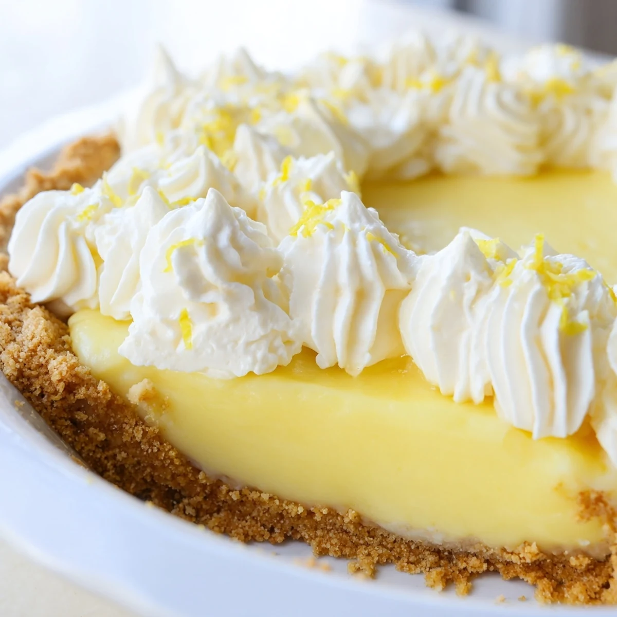 Tangy lemon pie with vibrant yellow filling served on a white dessert plate