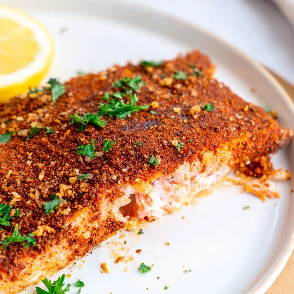 Golden oven baked Cajun salmon fillet garnished with fresh parsley and lemon wedges