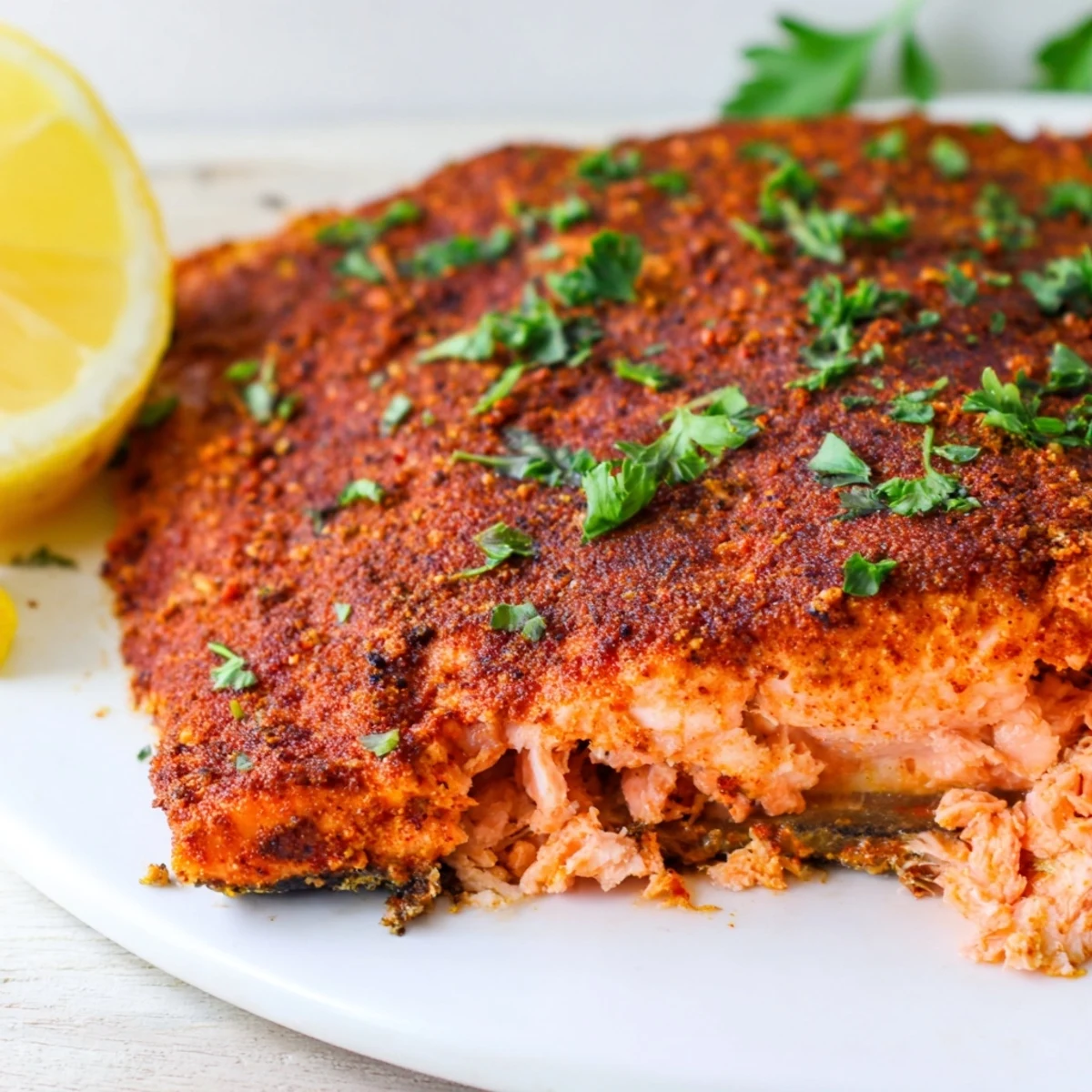 Spicy oven baked Cajun salmon with a crispy pepper crust on a parchment-lined sheet