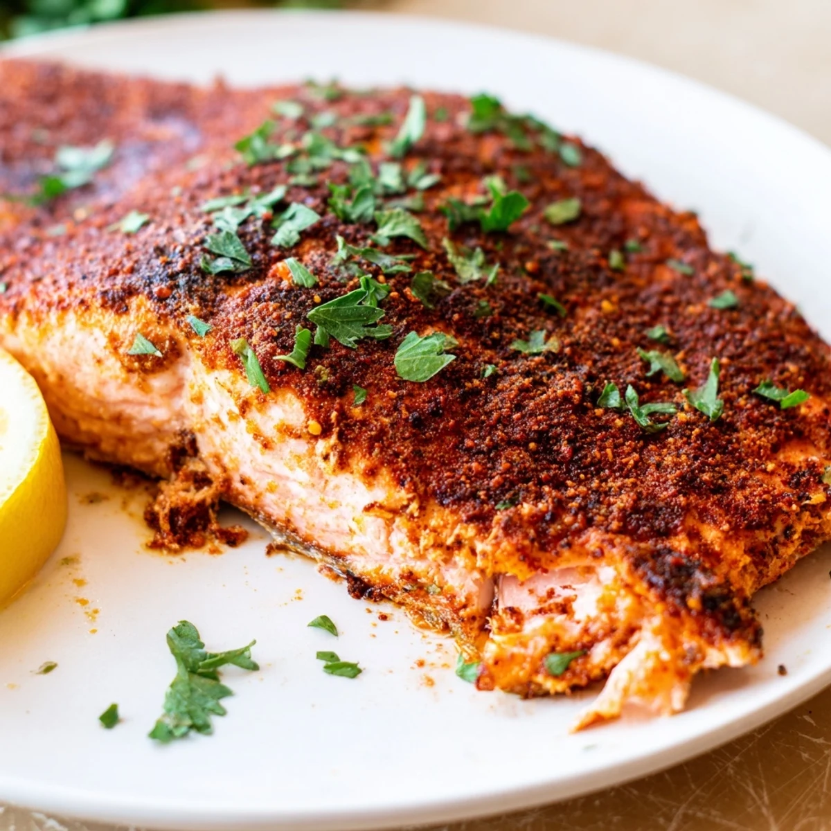 Juicy oven baked Cajun salmon flakes served hot alongside roasted vegetables and rice