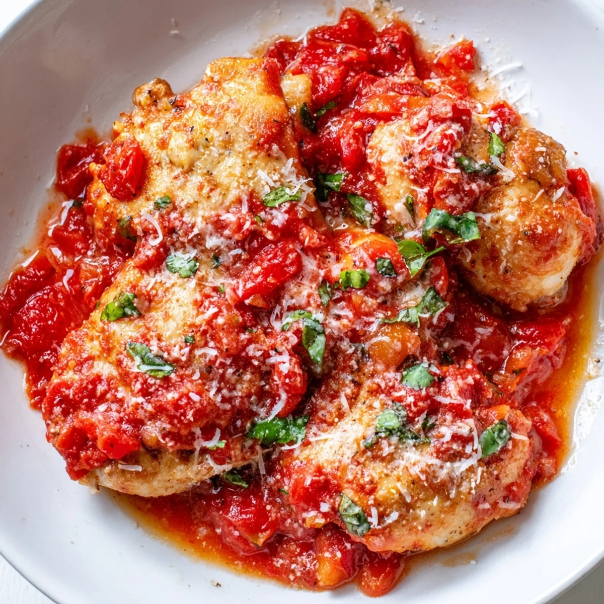 Tender chicken pomodoro delight simmered in rich tomato basil sauce with Parmesan