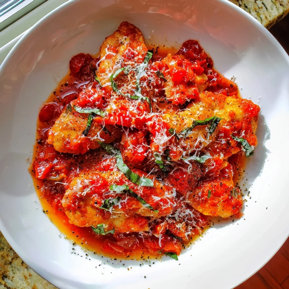 Golden seared chicken pomodoro delight nestled in vibrant herb tomato sauce