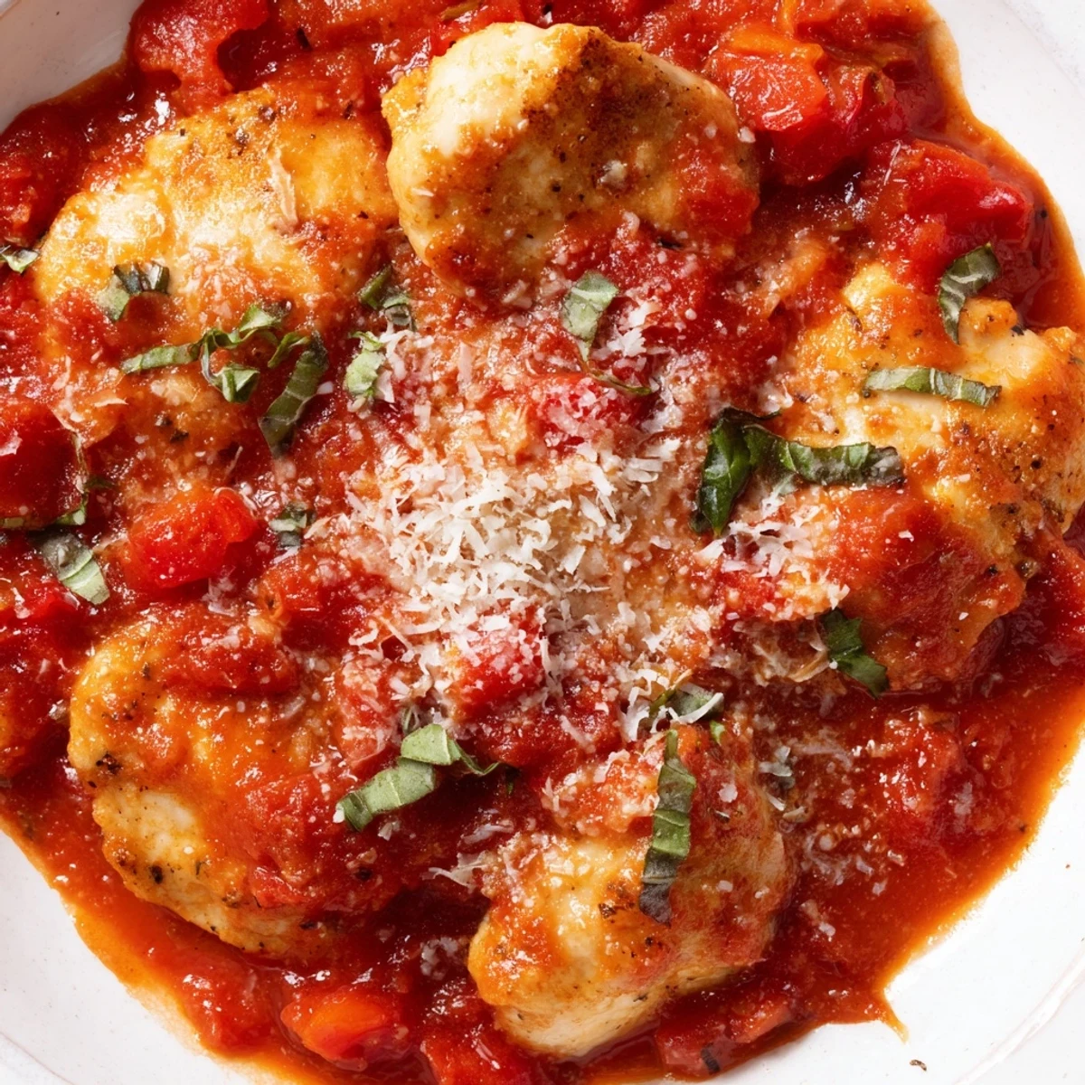 Juicy chicken pomodoro delight topped with melted Parmesan and fresh basil garnish