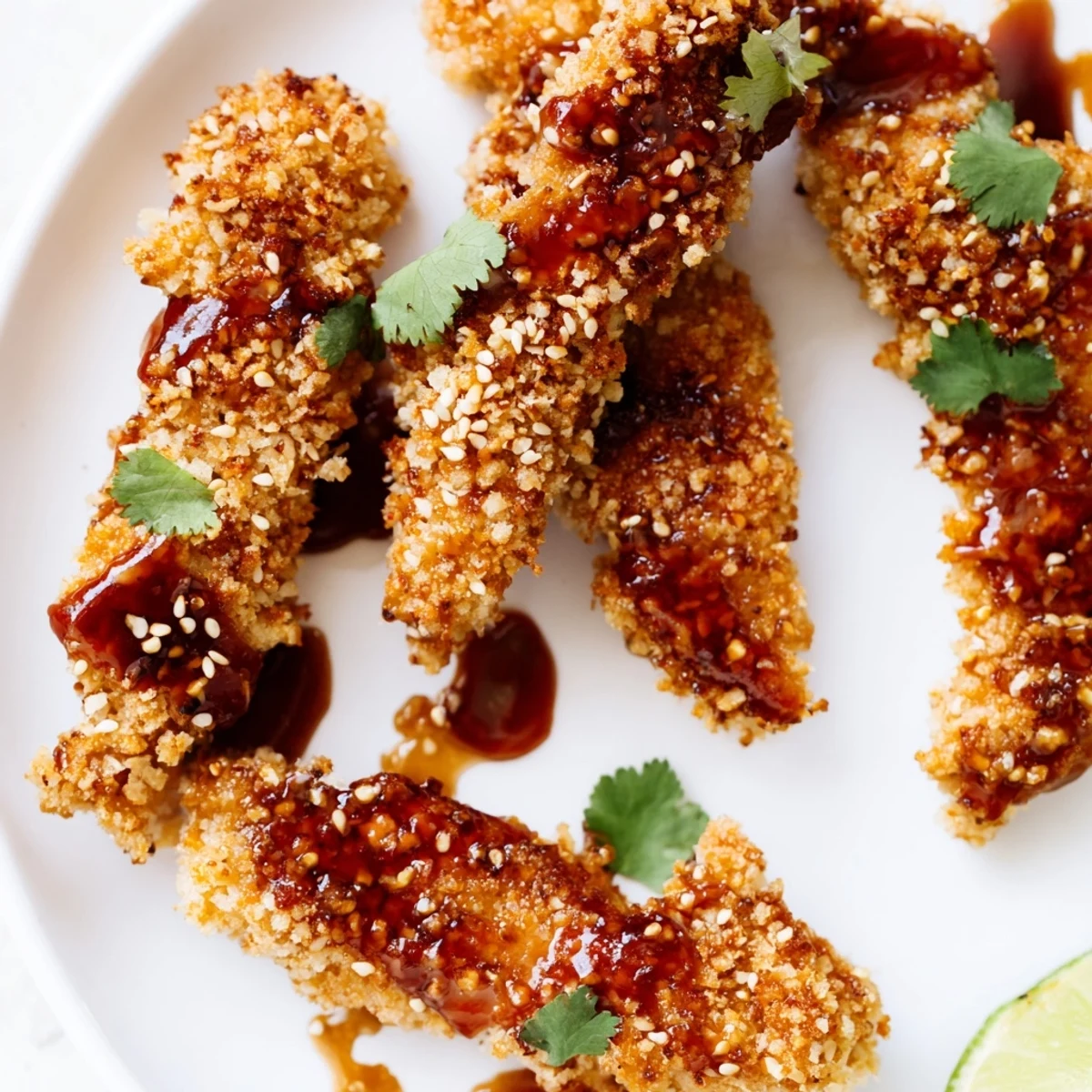 Crispy Thai sticky chicken fingers glistening with sweet chili glaze on a rustic platter