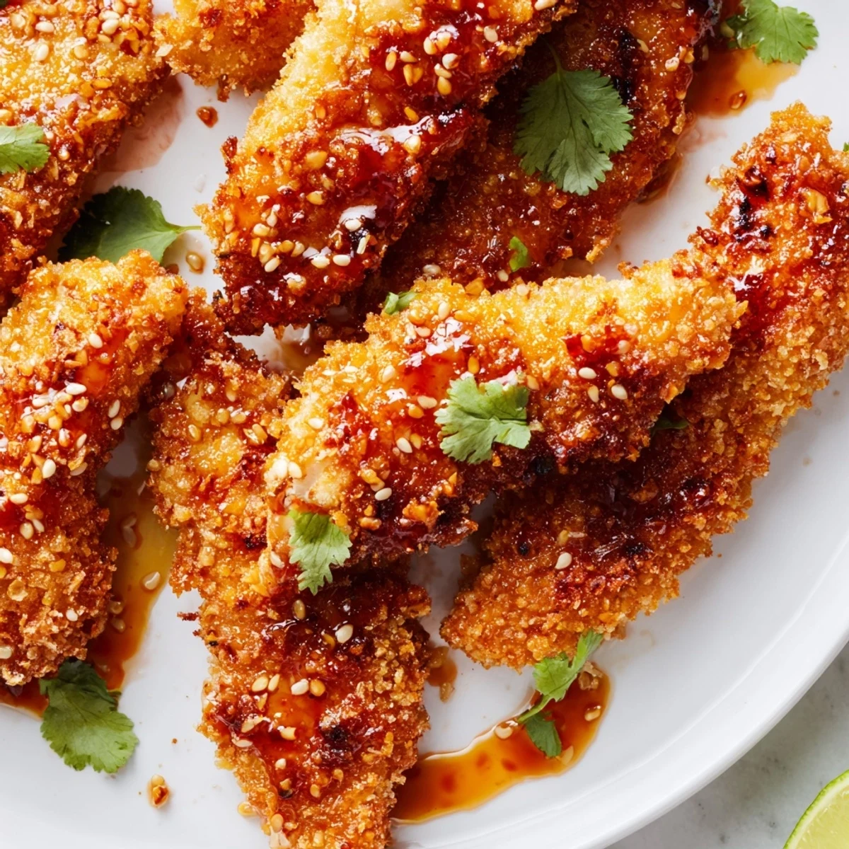Golden Thai sticky chicken fingers topped with sesame seeds and fresh cilantro garnish