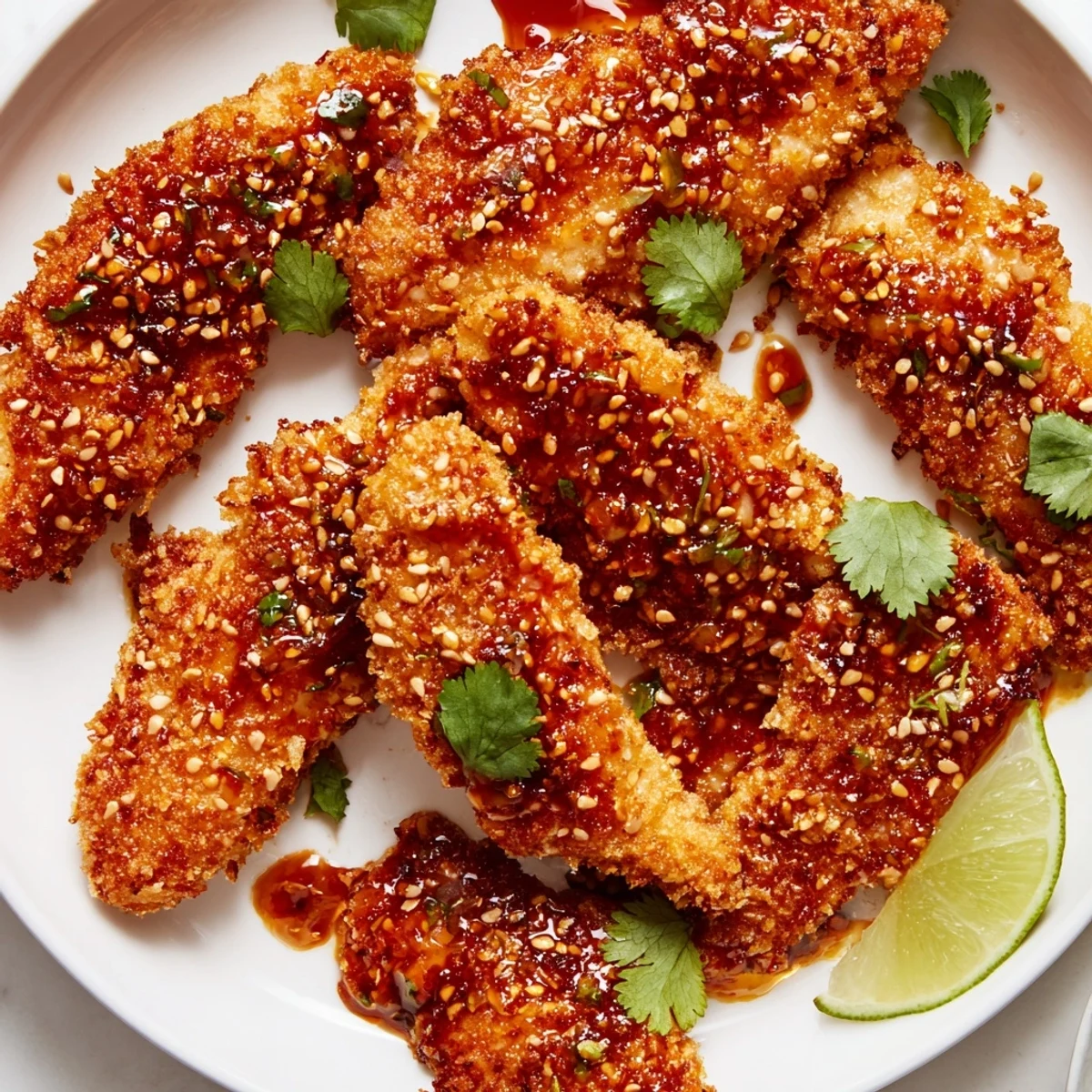 Close-up of Thai sticky chicken fingers drizzled in tangy sauce served with lime wedges