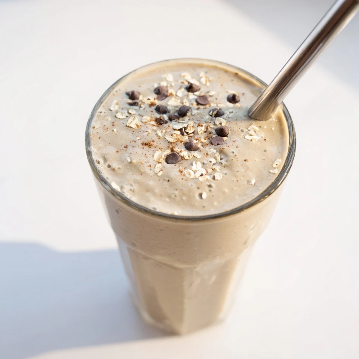 Creamy oatmeal cookie dough protein smoothie poured into two mason jars with cinnamon garnish