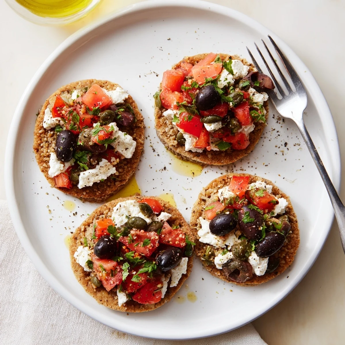 Golden crispy Cretan feta rusks topped with juicy tomatoes and fragrant oregano
