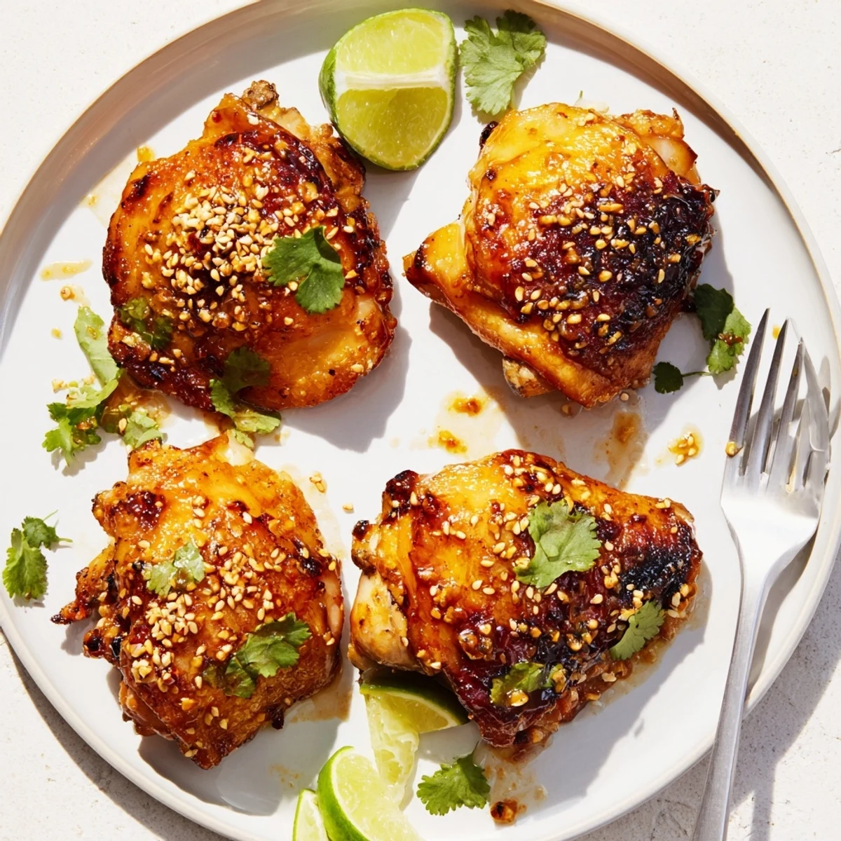 Crispy sweet chili air fryer chicken thighs garnished with sesame seeds and fresh cilantro