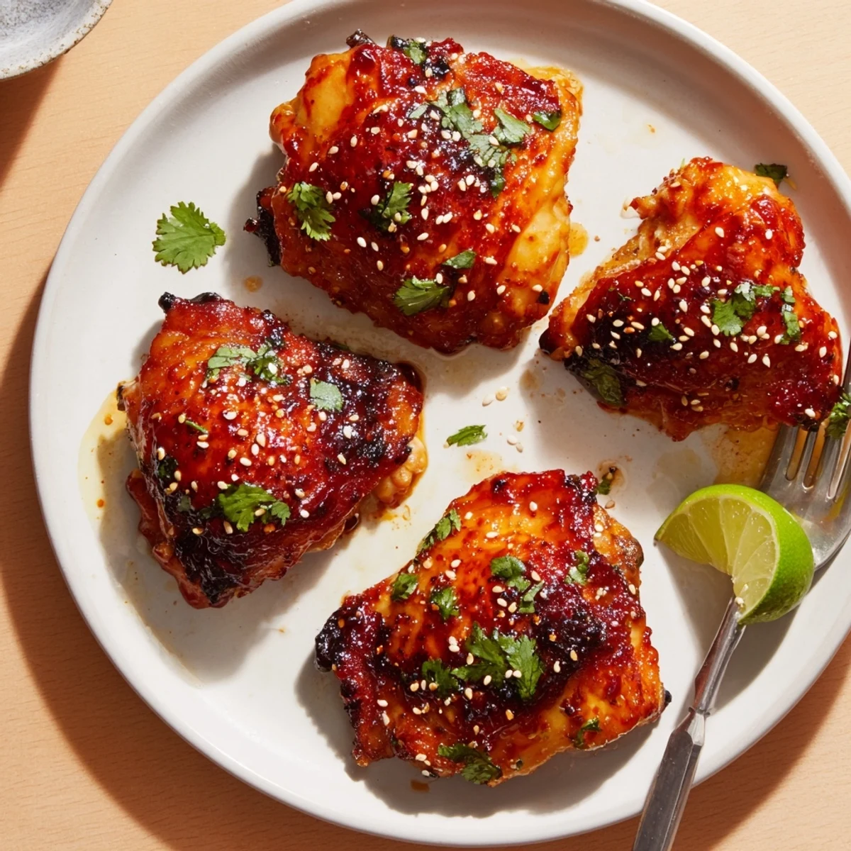 Golden sweet chili air fryer chicken thighs glistening with a sticky glaze on a plate