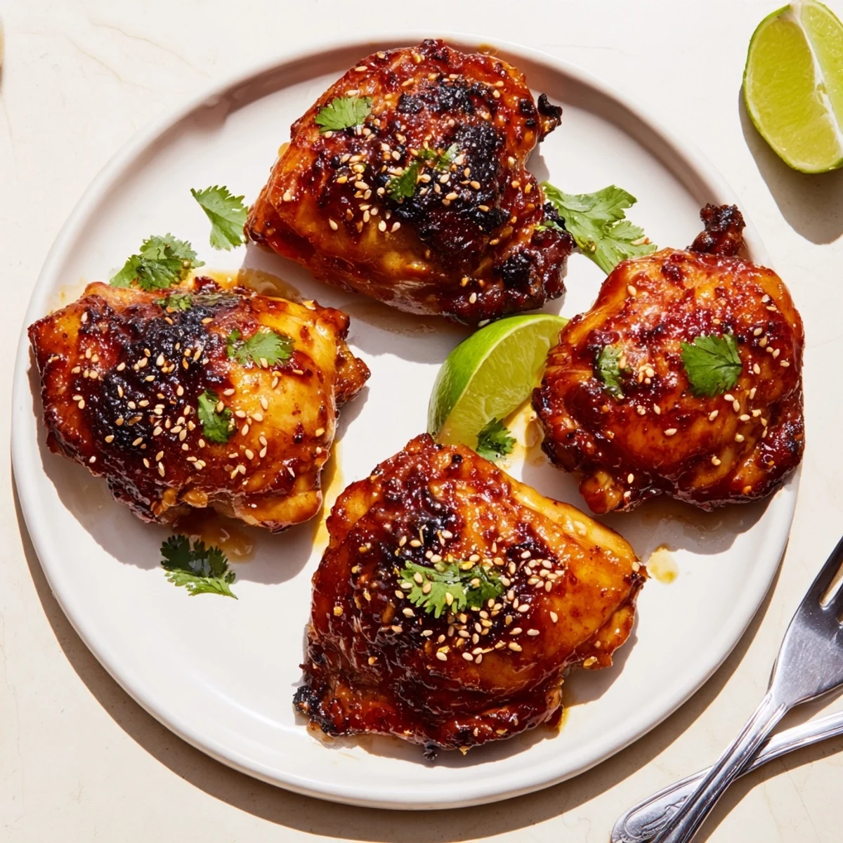 Juicy sweet chili air fryer chicken thighs with caramelized skin served alongside steamed jasmine rice