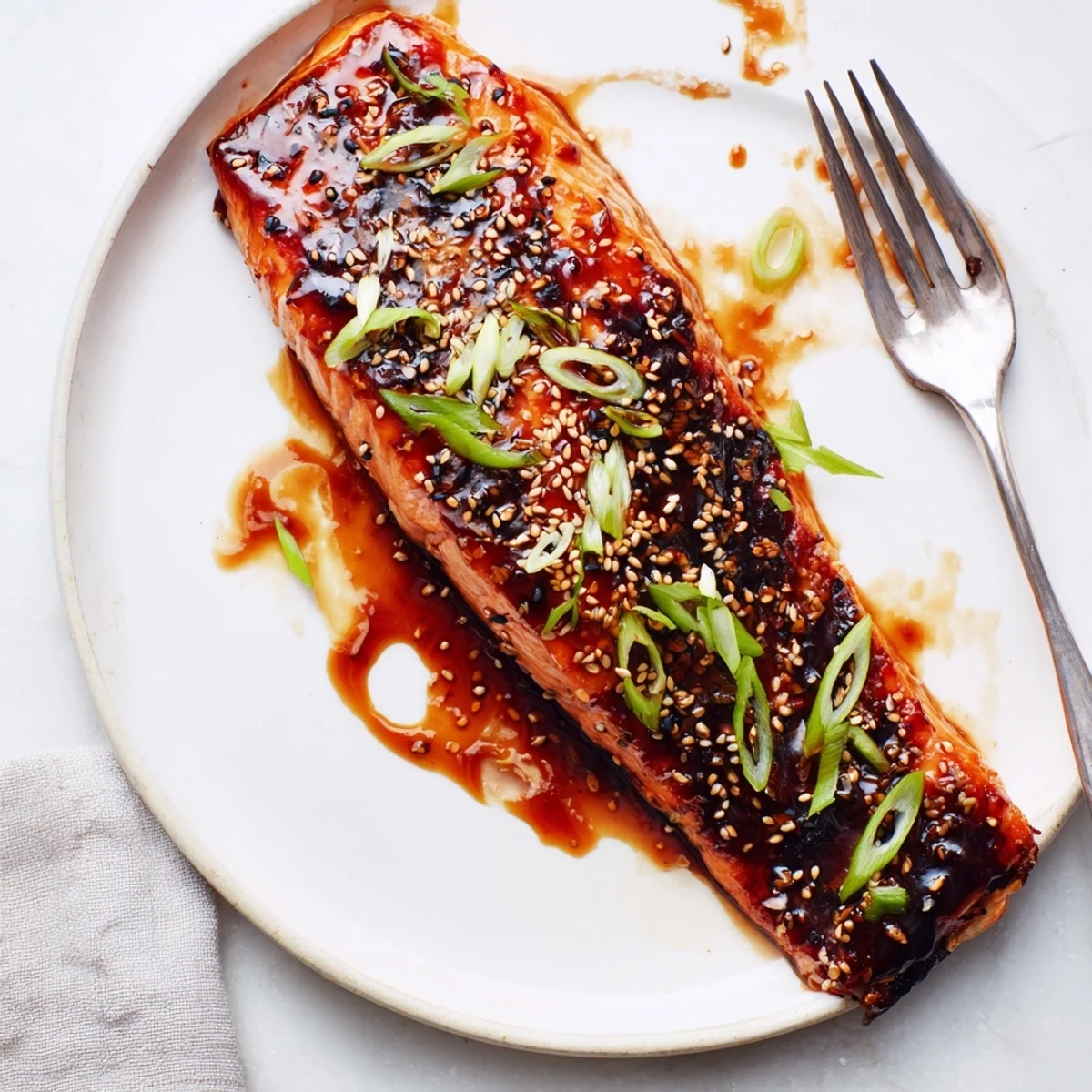 Glistening gluten free teriyaki salmon fillets on a parchment-lined baking tray with sesame garnish