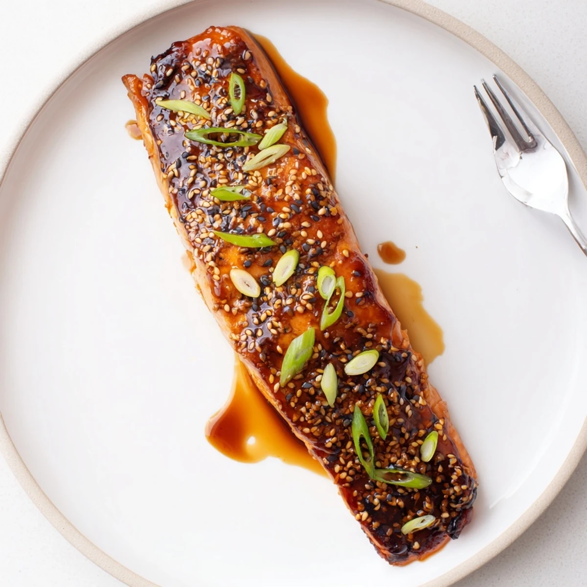 Juicy baked salmon coated in thick, sticky gluten free teriyaki glaze with spring onion sprinkles