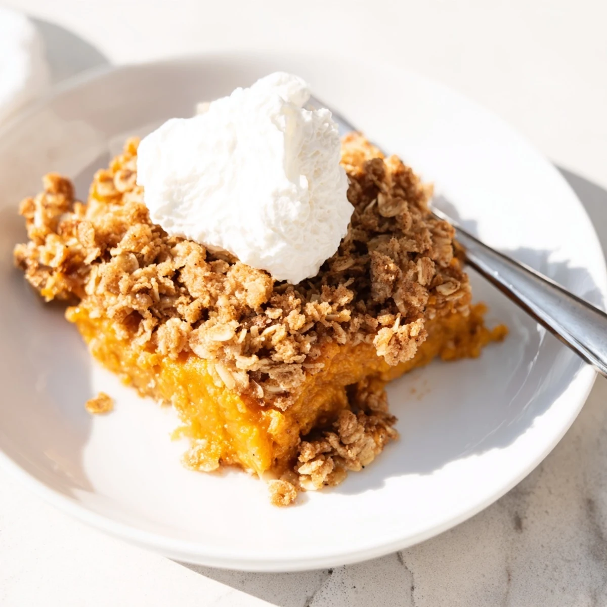 Warm pumpkin pie crisp topped with buttery oat crumble and a scoop of ice cream