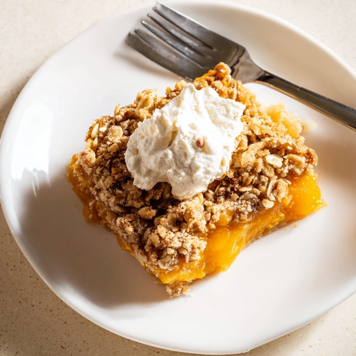 Spiced pumpkin pie crisp fresh from the oven with a crispy golden brown topping