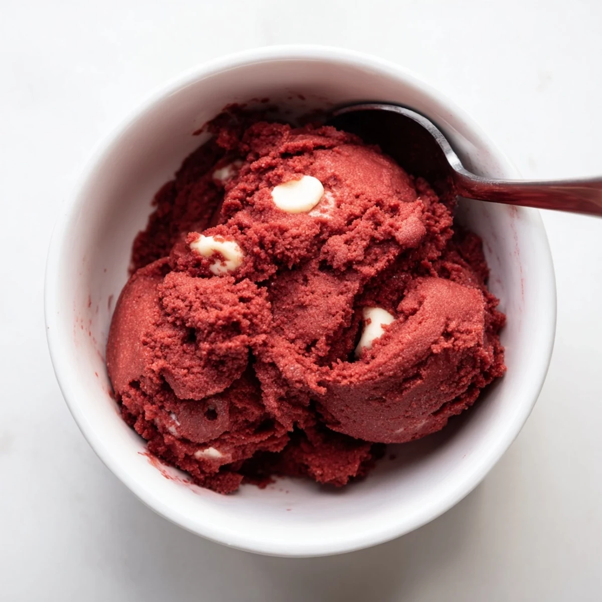 Creamy edible red velvet cookie dough swirled with white chocolate chips in a bowl