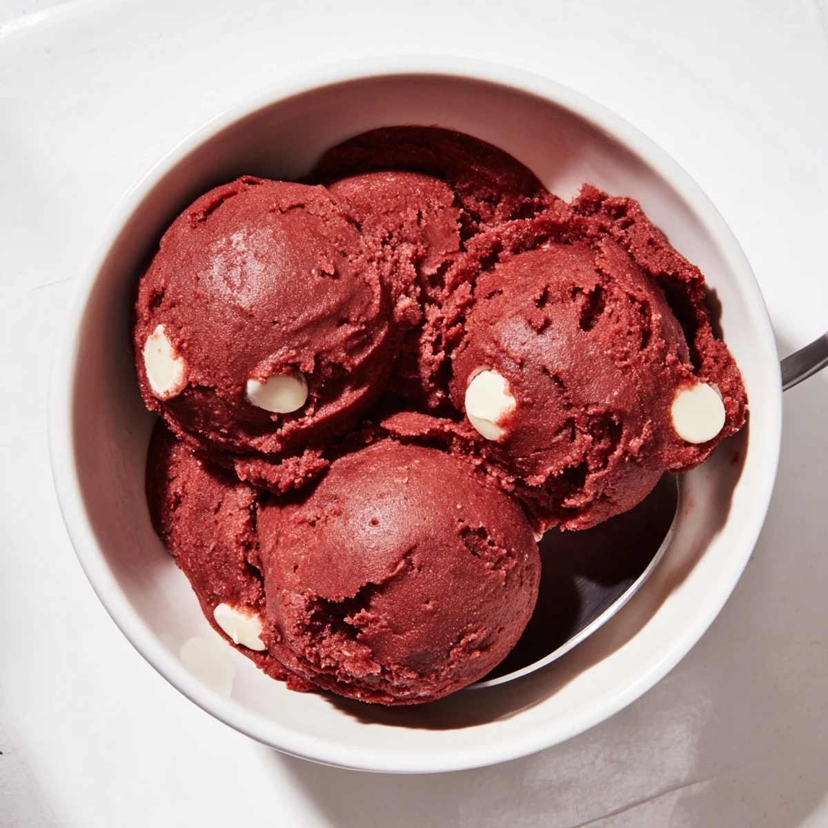 Bright red edible red velvet cookie dough scooped into rustic mason jars
