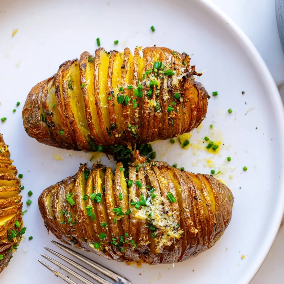 Golden grilled Hasselback potatoes with melted garlic butter and fresh parsley on a rustic platter