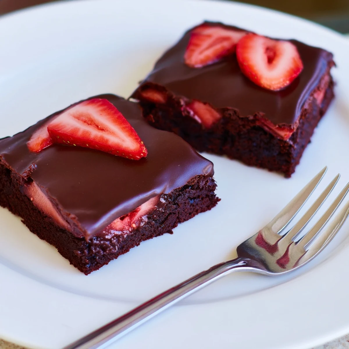 Glossy chocolate-dipped strawberry brownies sliced into rich fudgy squares with a shiny shell