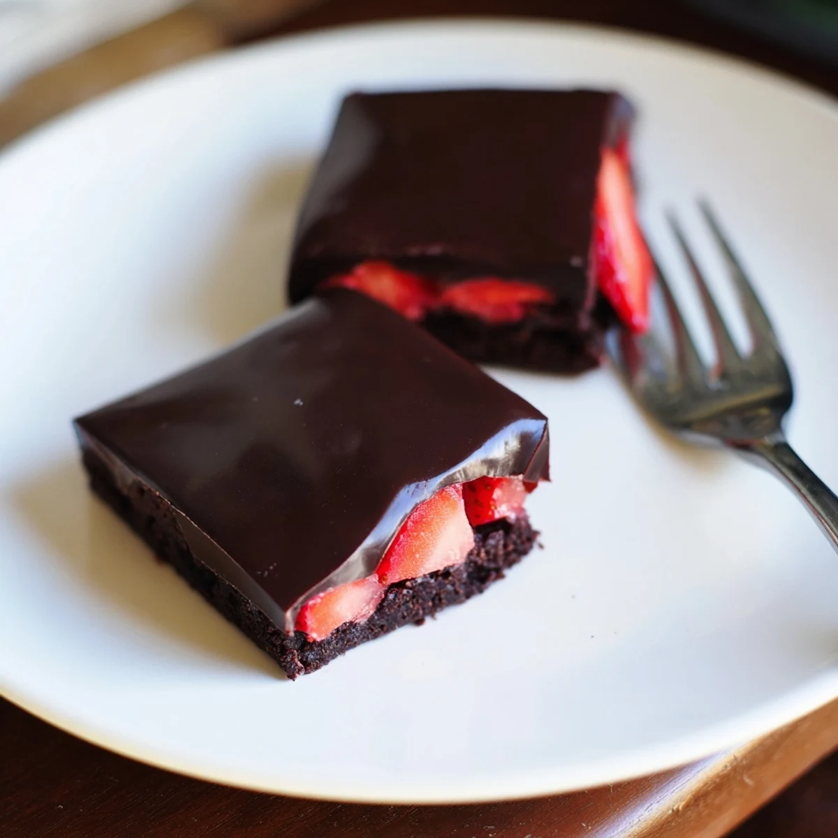 Decadent chocolate covered strawberry brownies topped with vibrant red berries on a dark crust