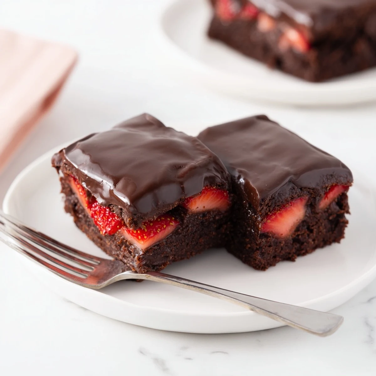 Fudgy chocolate covered strawberry brownies with a smooth ganache coating over fresh sliced berries