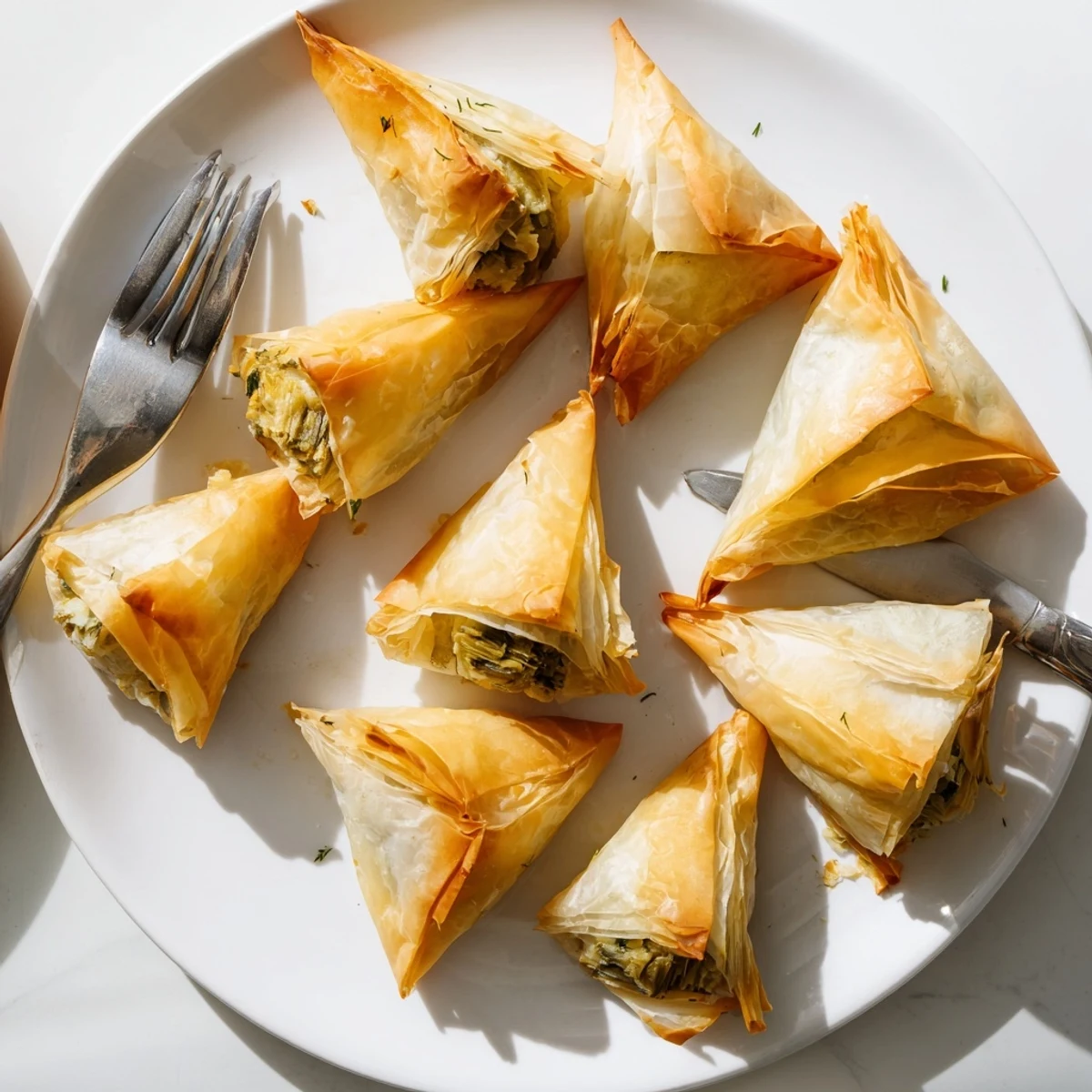 Crispy artichoke and Graviera filo puffs topped with fresh herbs on a rustic tray