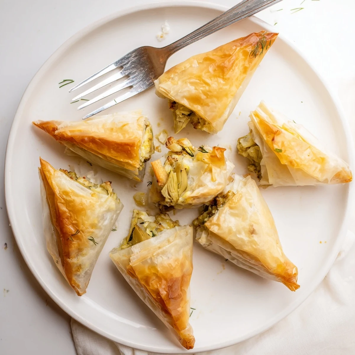 Artichoke and Graviera filo puffs arranged on parchment, steaming and golden brown
