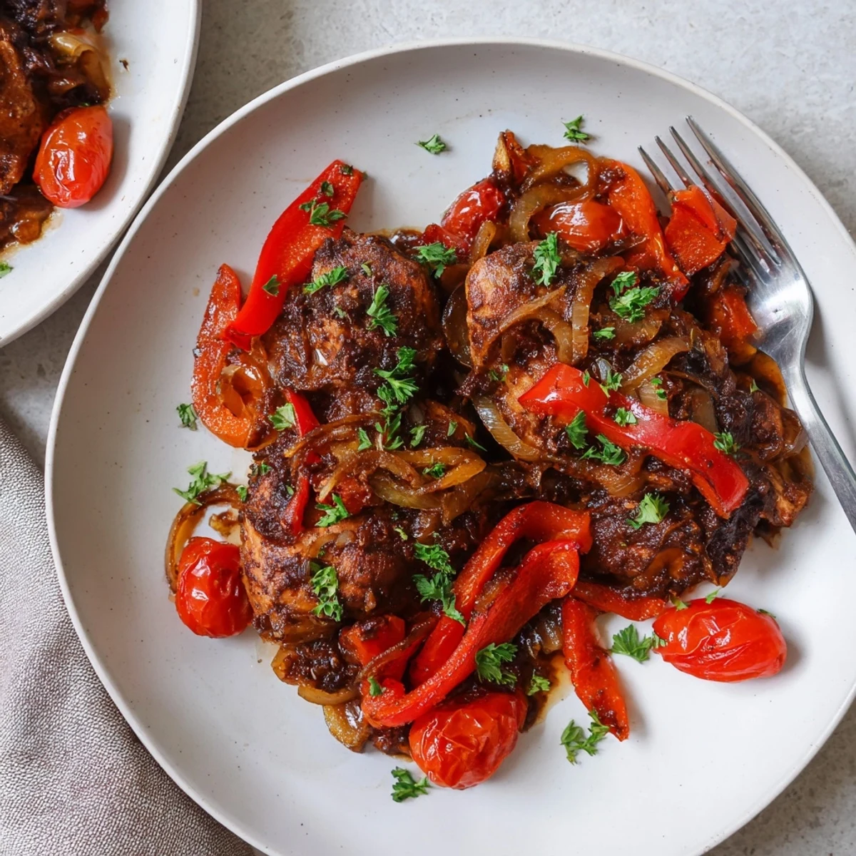 Tender Slow Cooker Balsamic Chicken glazed in a rich, dark tangy sauce with colorful bell peppers