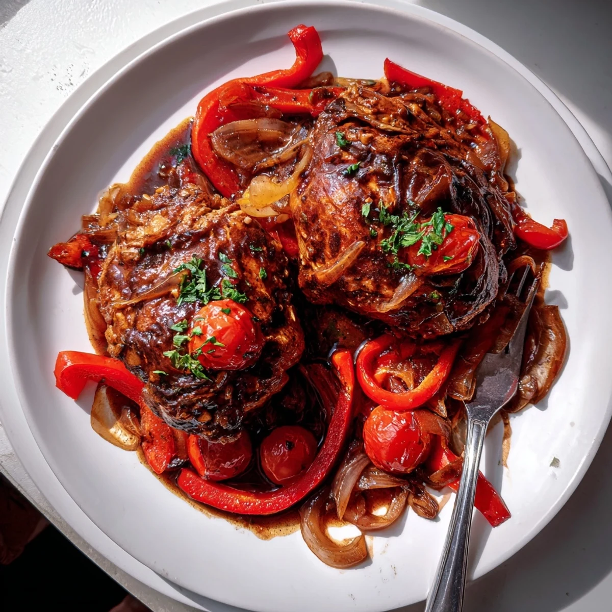 Juicy Slow Cooker Balsamic Chicken served over steaming rice with fresh parsley and cherry tomatoes