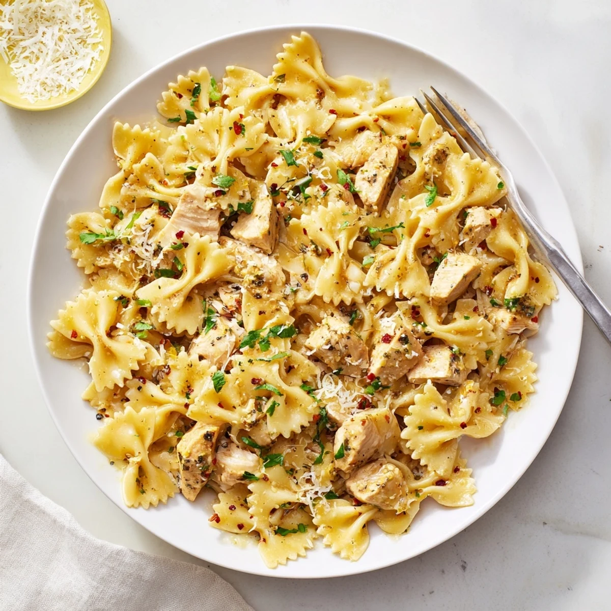 Golden seared chicken and bowtie pasta coated in zesty Cowboy Butter Lemon sauce with fresh herbs
