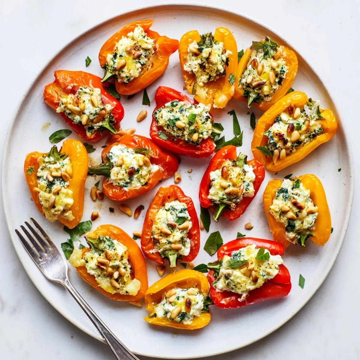 Golden roasted goat cheese stuffed mini peppers garnished with fresh herbs on a rustic baking sheet