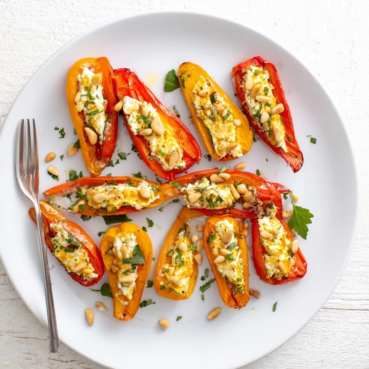 Creamy goat cheese stuffed mini peppers roasted until tender and served warm on a white platter