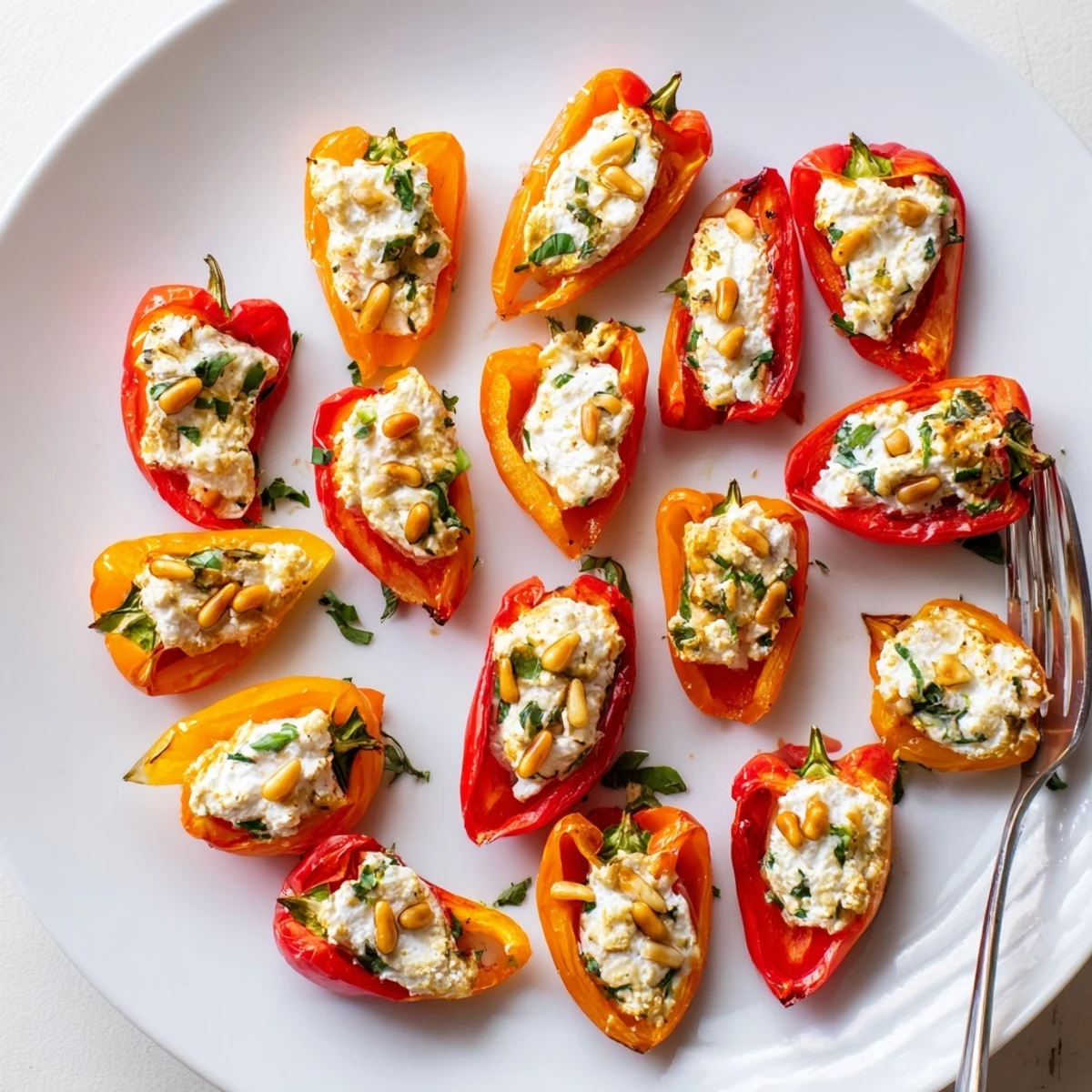 Blistered sweet mini peppers oozing with herbed goat cheese filling topped with toasted pine nuts