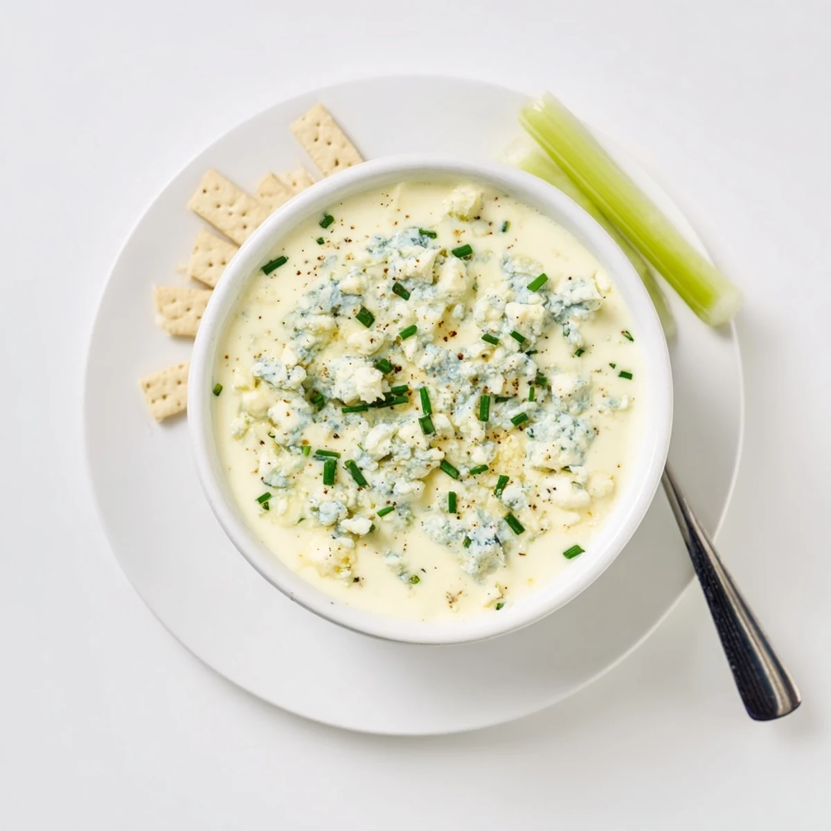 Creamy blue cheese dip in a bowl surrounded by fresh celery and carrot sticks