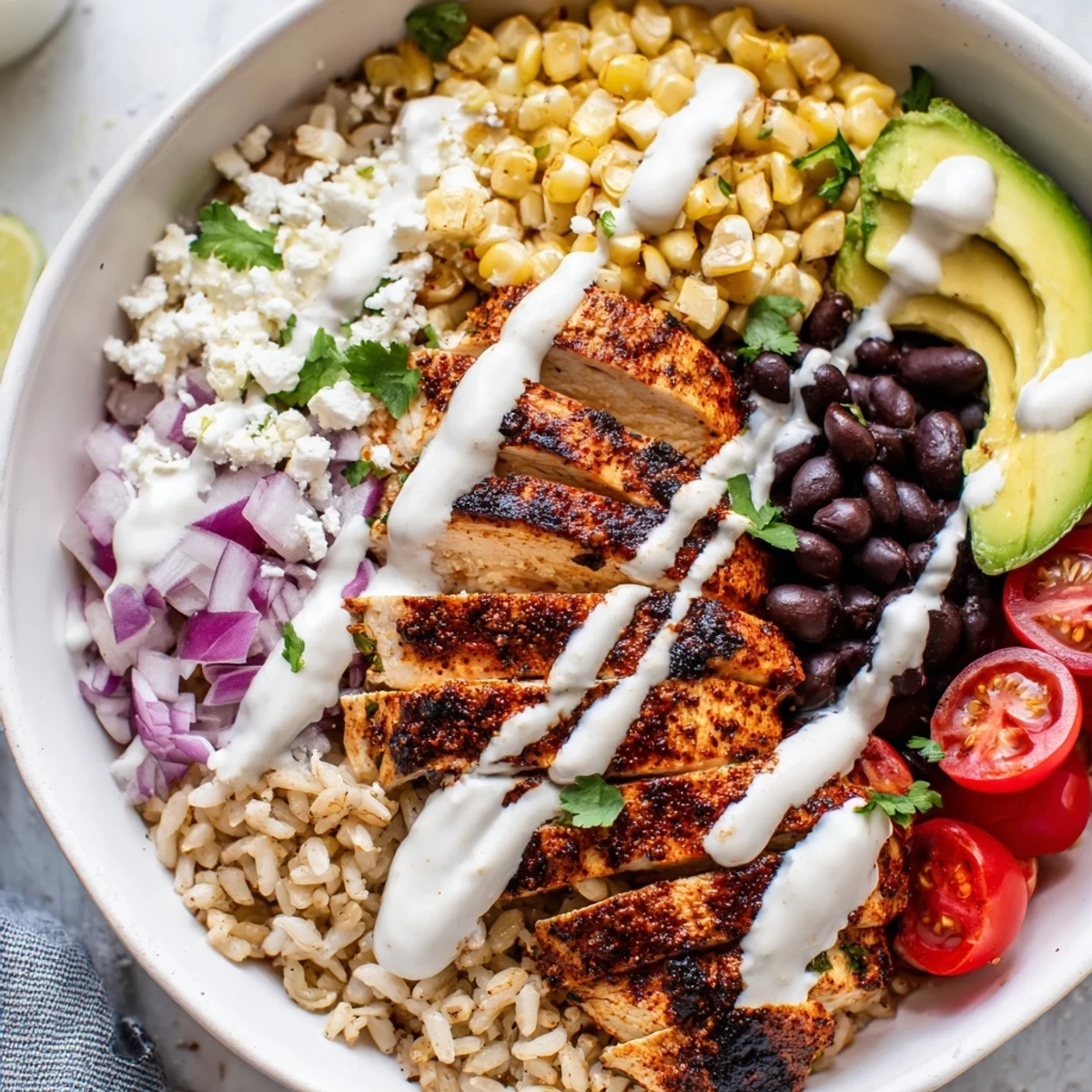 Healthy Street Corn Chicken Bowl topped with creamy sauce avocado and fresh cilantro
