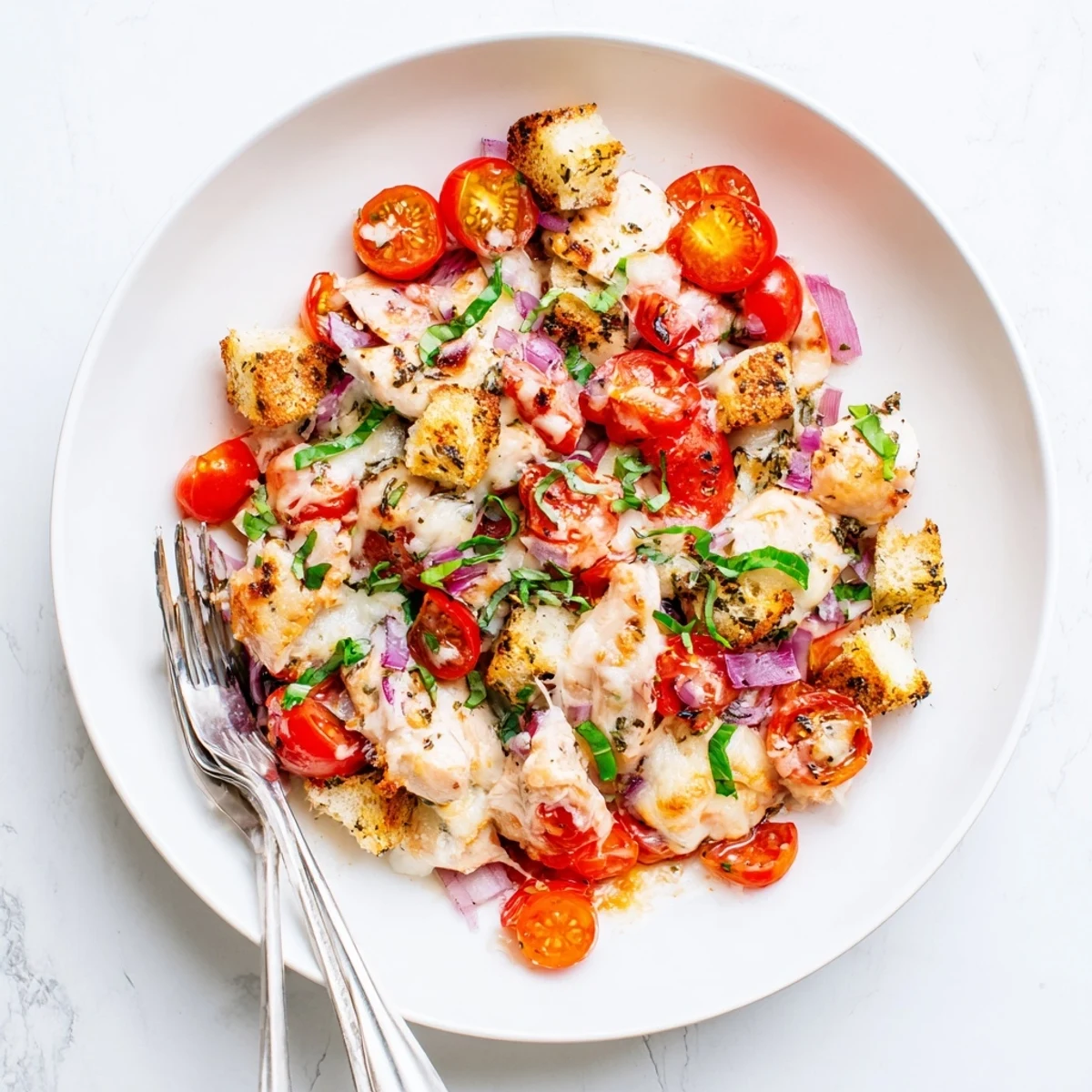 Golden bubbling chicken bruschetta casserole fresh from the oven with melted mozzarella