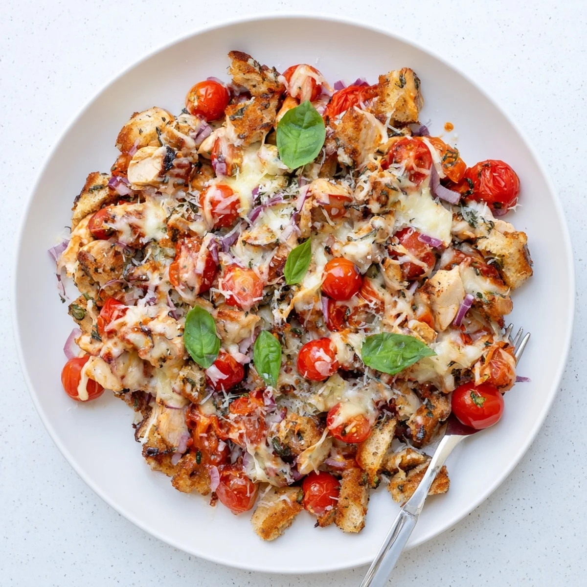 Tender chicken bruschetta casserole topped with juicy tomatoes basil and crispy bread