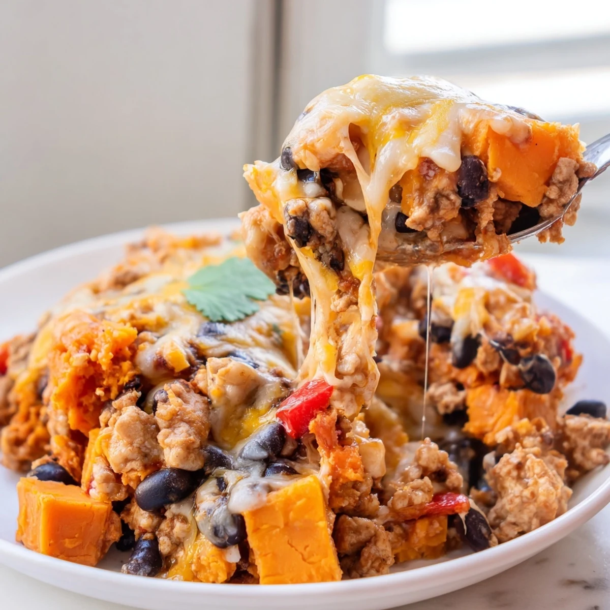 Golden bubbling sweet potato turkey black bean bake fresh from the oven with melted cheese