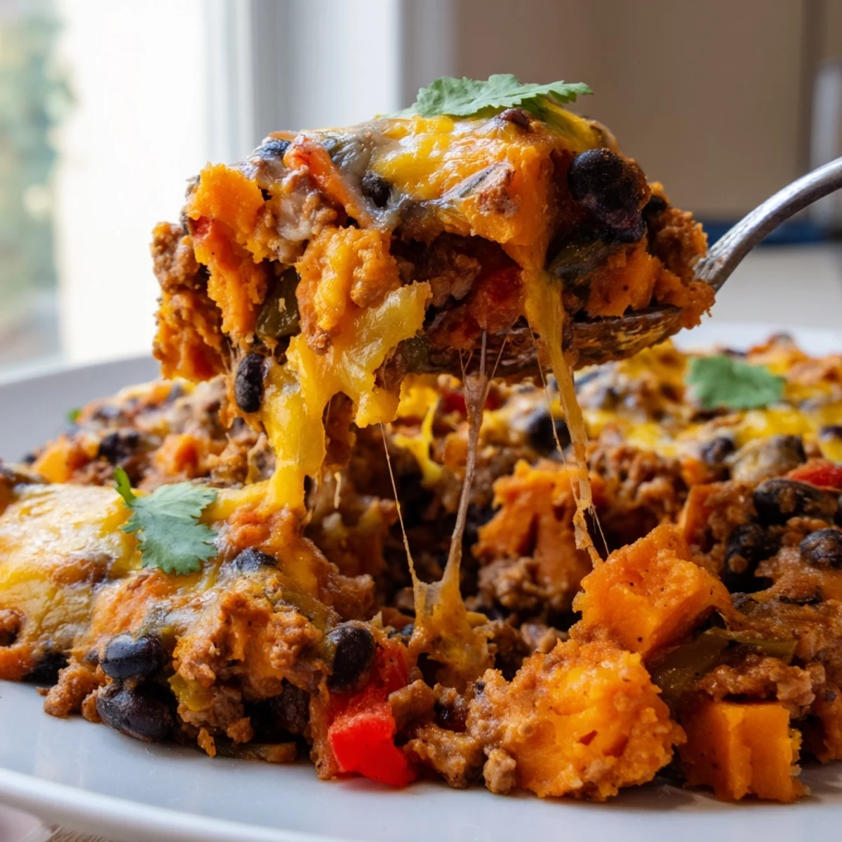 Sweet potato turkey black bean bake layered casserole topped with melted cheddar and cilantro
