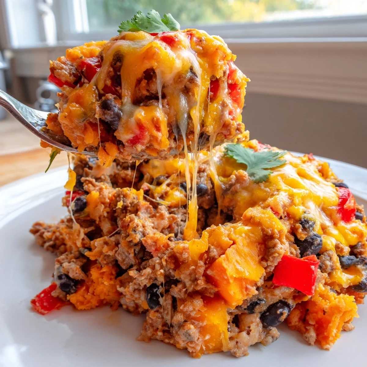 Hearty sweet potato turkey black bean bake served in a rustic dish with sour cream