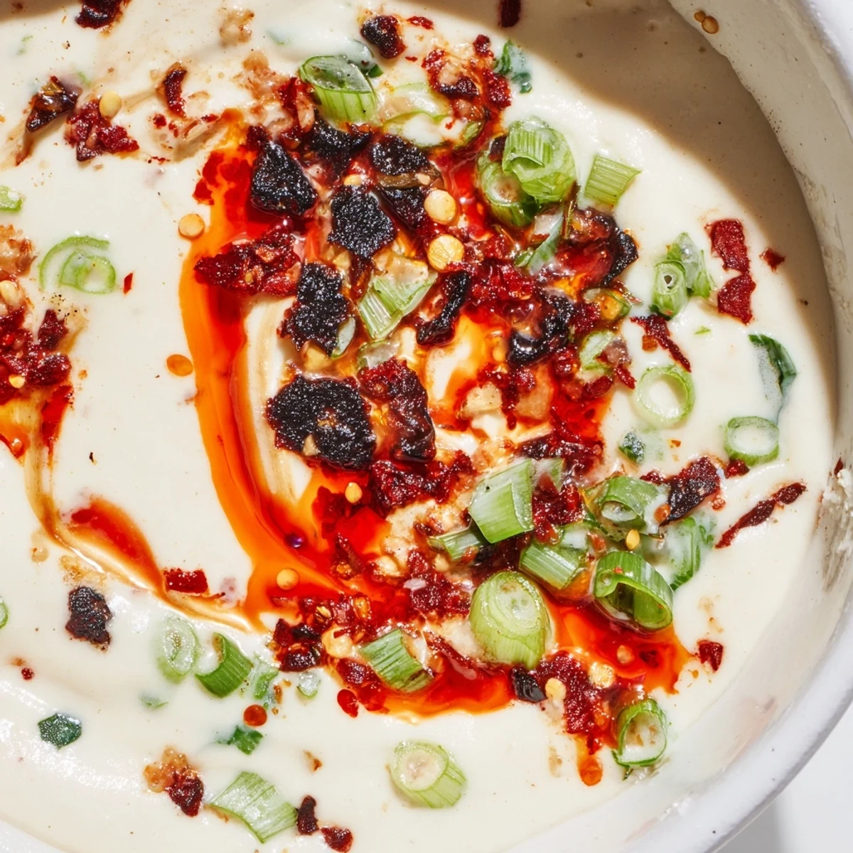Creamy charred scallion and chili crisp dip topped with a spicy swirl and fresh green onion slices