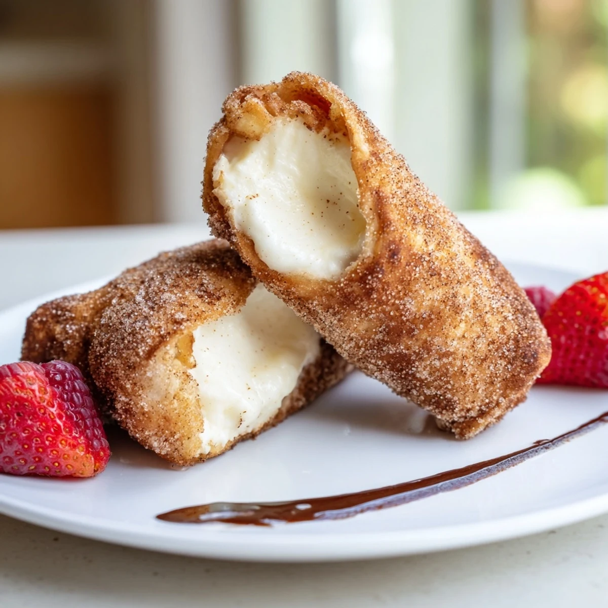Crispy golden cheesecake chimichangas dusted with cinnamon sugar on a rustic plate