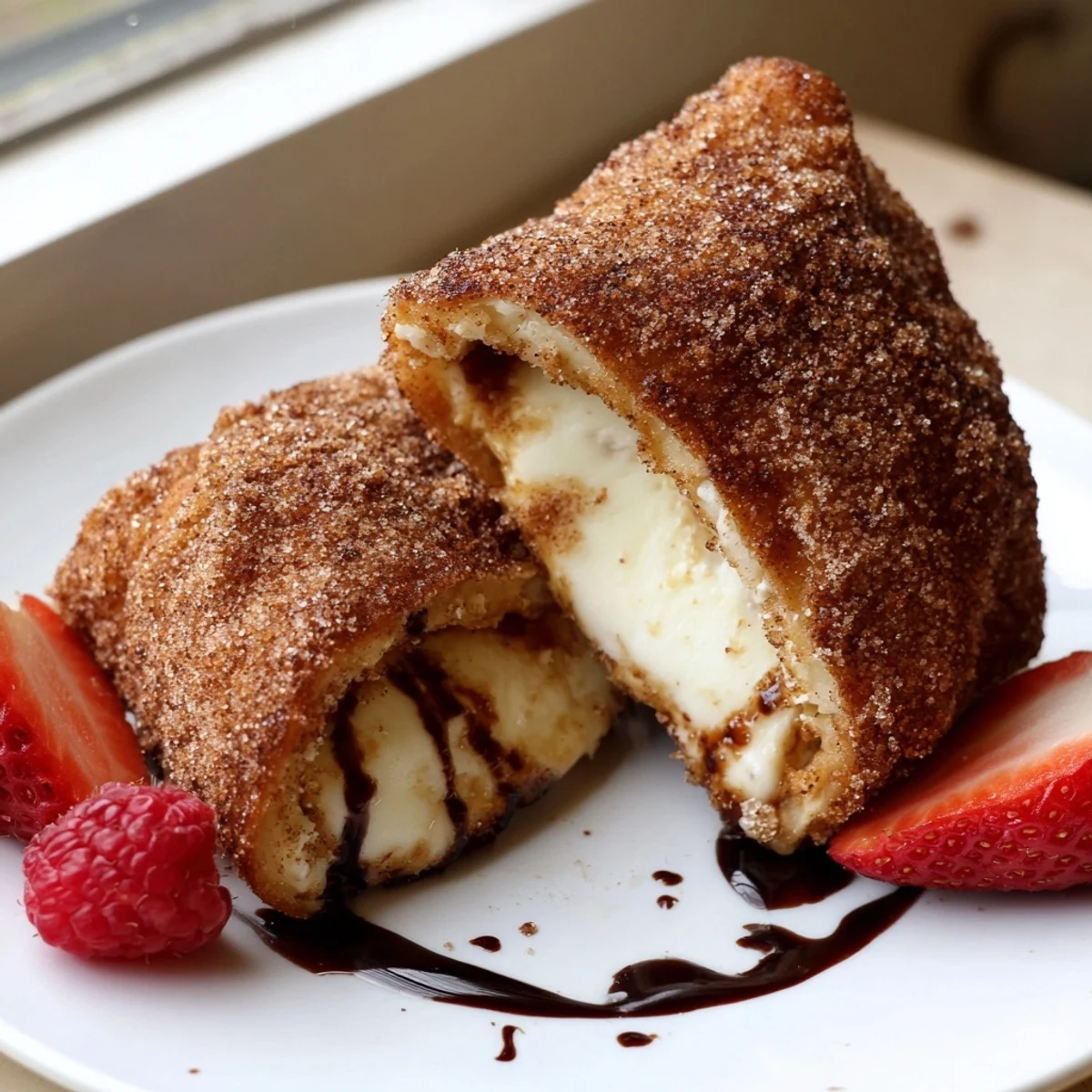 Warm cheesecake chimichangas with a crunchy cinnamon sugar coating served alongside fresh berries