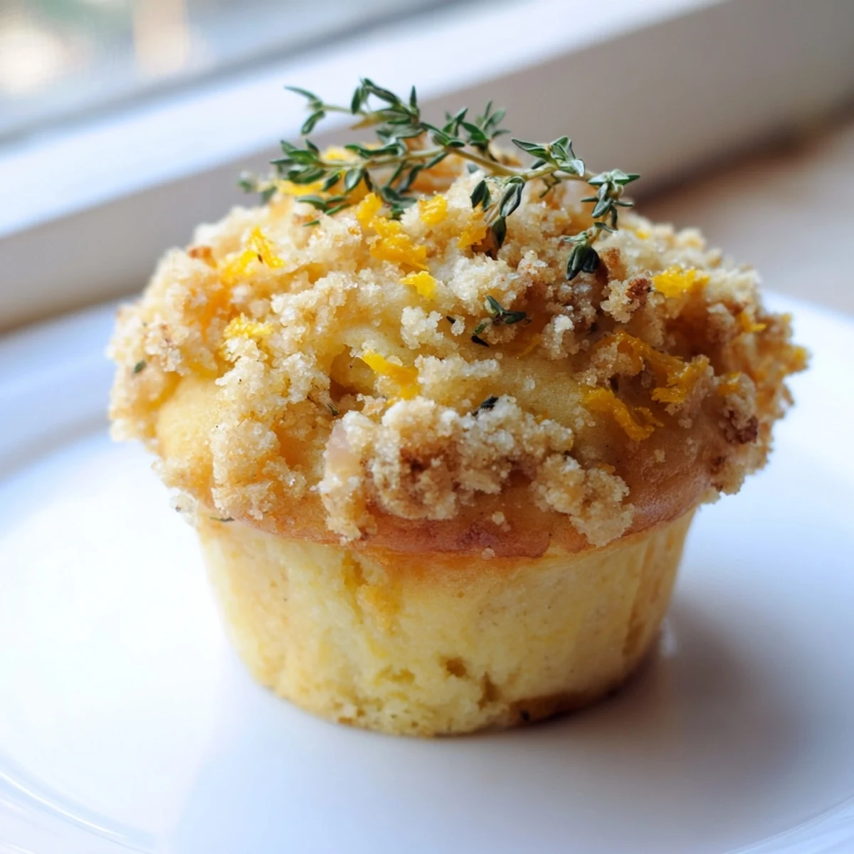 Warm lemon orange honey muffins with herbed thyme crumble fresh from the oven