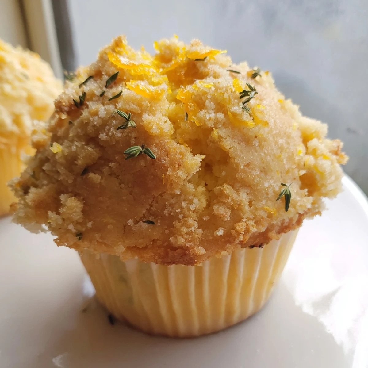 Golden lemon orange honey muffins with thyme crumble topped on a rustic wire rack