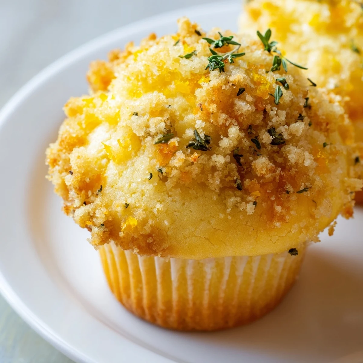 Tender lemon orange honey muffins crowned with golden thyme crumble beside herbal tea